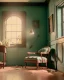 Placeholder: Room scene with sit woman, Wes Anderson style, realistic photo, concept art, smooth, unreal engine 5, god lights, ray tracing, RTX, lumen lighting, ultra detail, volumetric lighting, 3d.