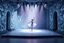 Placeholder: modern stage with gray-blue theme artistic decoration , color full dynamic lighting, a beautiful ballerina dancing, 3D recursive fractal structure animating background