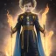 Placeholder: A 25 years boy persian in matte black robes with flaming eyes with grin with flaming light blue pupils stands atop a squire Two infinity gauntlets contain six infinity stones, one of which is made with nano In the hands of a powerful man walking While standing on a majestic height from afar With two big wings