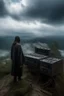 Placeholder: A hooded man standing on tbank of a torrent of river and clouds from far away gothic theme