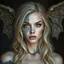 Placeholder: a portrait of an attractive blonde fantasy woman whose face is half human and half stone gargoyle