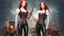 Placeholder: body portrait of a woman with straight shoulder-length red hair, with metal arms and legs, dressed in leather trousers, and a waistcoat, in a Victorian street next to a steampunk carriage, full colour