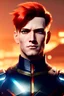 Placeholder: Male Cyborg anime warrior, orange hair, short hair, blue eyes, waist up portrait, 8k resolution, intricate details, ornate details, soft lighting, vibrant colors, retroanime, masterpiece, intricate eyeliner, dark eyeshadow, eyes, futuristic cityscape background