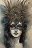 Placeholder: Aquarelle vantblack pouring Acrylic A beautiful ancient shamanism watercolour woman angelic Beauty extremely textured botanical faced portrait with a voidcore fil gothica headdress with metallic filigree gothica ornaments around ribbed with agate stones half face mand azurit and onix mineral stone metallic watercolour palimpsest steampunk filigree silver voidcore shamanism foral pansy margaréta daisy black ink on half face masque gothica filigree voidcore athmospheric organic bio spinal