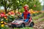 Placeholder: A beautiful boy in exact Spider man caracter standing in a toy car in a flower and tree farm