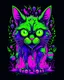 Placeholder: A scary cat Halloween character, adorned with eerie Halloween decorations, caused a a full moon in the night sky, spooky vibes, bones , Creepy, colorful, dark magic splash, gothic theme, horror, Terrifying, Scary, spooky green and purple lights, fantasy, vector art, flat design, 8k Ultra high details, black background.
