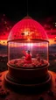 Placeholder: full shot of happy dandys eating cherries in a floating glass dome, dreamlike atmosphere, in the background the landscape burns like hell, in the style of Rafael di Sanzio