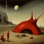 Placeholder: Odd open space, metaphysical, giant red object, very detailed, person, Yves Tanguy