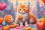 Placeholder: a fluffy orange kitten makes friends with a cute gray mouse on Valentine's day, happy vibe studio lighting fantastic view colourful very cute Lisa Frank richard scarry