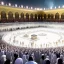 Placeholder: The scene in Mecca: People wearing white Ihram clothes, men without head coverings, women with veils, circumambulating around the Kaaba, and above them are transparent white spirits of children, men, and women with wings revolving around the Kaaba.