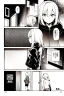 Placeholder: blonde girl with short jacket and shorts runs in a corridor in front at a mystery door, back view, manga page, grayscale