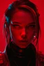 Placeholder: A cyberpunk portrait with a red light reflecting in their cybernetic enhancements.red background all are red