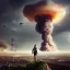 Placeholder: view from behind of girl on hill watching massive nuclear mushroom cloud, war-torn ruined city below, ultra-realistic, detailed matte, sharp, crisp, 3D octane render, 8k, high-quality, fine-detail, brian froud, howard lyon, selina french, anna dittmann, annie stokes, lisa parker, greg rutowski,