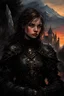 Placeholder: A formidable warrior girl in black armor, on the background Amazing gloomy landscape, flooded with sunset, mountains, trees, fabulous scary hero, , juicy emotions, painting, dark fantasy, gloomy day, dark world, portrait, Gothic Town At Night, Fantasy, Intricate Details, Castle Courtyard Gardens, Hyper Detailed, Jean Baptiste Monge, Carne Griffiths, Michael Garmash, Seb Mckinnon, Masterpiece