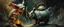 Placeholder: fuzz sponge tube gremlin fox demon in the astral realm with a tea kettle rhino, painted by Rembrandt