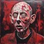 Placeholder: Mr Gein and his skin mask, dramatic, horror, by Jonathan Meese, 2D loose stroke oil painting, scary crimson hues, impressionism