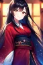 Placeholder: girl, masterpiece, best quality, cinematic lighting, detailed outfit, vibrant colors, perfect eyes, long hair, black hair, red eyes, hairclip, kimono, indoors, smile, sparkle, depth of field,