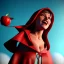 Placeholder: Red Riding Hood looks up to the sky while eating an apple on a balloon.