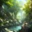 Placeholder: anime girl meditating pose, rock trees, birds, creek