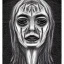 Placeholder: Silver on black paper portrait of female face of migraine, face distorted with pain, reverse colors, screaming, tears streaming from eyes, colorless, glitchcore, dystopian, horror, ultra realist texture, intricate line drawing,