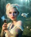 Placeholder: Ultra realistic wonderland photo, happy blonde woman smoking a pipe, blue dress, white rabbit pet, circus dress style, old school tattoo, smoke, marijuana garden, glow eyes, perfect iris, soft color, highly detailed, unreal engine 5, ray tracing, RTX, lumen lighting, ultra detail, volumetric lighting, high definition.