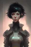 Placeholder: Cyberpunk netrunner, black hair, short hair, cybernetic eyes, standing in mists, Female, dark art, Ivory Peach skin, cute