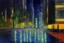 Placeholder: Night, cyberpunk buildings near pine trees, impressionism painting