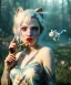 Placeholder: Ultra realistic wonderland photo, happy blonde woman smoking a pipe, blue dress, white rabbit pet, circus dress style, old school tattoo, smoke, marijuana garden, glow eyes, perfect iris, soft color, highly detailed, unreal engine 5, ray tracing, RTX, lumen lighting, ultra detail, volumetric lighting, high definition.