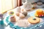 Placeholder: amigurumi desserts, cookies and macarons on lace tablecloth in a modern kitchen in sunshine