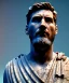 Placeholder: Ultra Realistic image, roman sculpture, marble deluxe material, Lionel Messi, Laurel leaves crown model, miguel angel style, chisel style, emperador, waist up portrait, cinematic lighting, God light, god rays, 4k resolution, smooth details, ornate details, soft lighting, unreal engine 5, sky background.