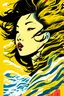 Placeholder: Vietnamese girl, primary colors with white highlights, half tone, close-up portrait, hair blown by the wind, Hokusai wave background, ukiyo-e style by Tomer Hanuka and Atey Ghailan and Roy Lichtenstein and Maxfield Parrish, expressive, in the style of official art, gorecore, koi fish and avian-themed, dark yellow and light black, oshare kei, full body.Vector, Cell shade,