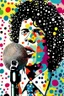 Placeholder: colorful Illustration of a michael jackson microphone in hand and looking at the camera. Polka dots in the background. by munch