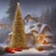 Placeholder: foto realistic winter house with a illuminated christmas tree and santa bringing presents in the night