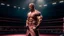 Placeholder: Highly detailed wide shot of Dwayne Johnson posing in a boxing ring, realistic, muscles, buff, flexing, pink, skirt, dress, dim light