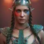 Placeholder: highly detailed beautiful girl viking queen portrait, red glass armor, blue delicate braided hair, green facial paint, cinematic lighting, 4k, 8k, octane render, digital concept art, trending on artstation, pinterest, extremely detailed, ambient lighting.