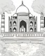 Placeholder: a coloring book, coloring page, depicting the Taj Mahal, with a scene of trees and a pool in front, cartoon style, highly defined, full body, white background, empty background, simple outlines