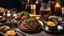 Placeholder: 142857, delightful, sensitive, delicious food, banquet, pewter tankards and pewter plates, pewter mugs, pewter cups, beer, ale, confident, night, darkness, architecture, filled with delicious food, splendid roasted meat, award-winning photograph, beautiful composition, chiascuro