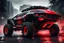 Placeholder: a super futuristic car, for all terrain, pickup fashion, black and red colors, big wheels, stay on street full of zombies