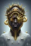 Placeholder: black male African alien, cracks in the voodoo head, wicked, Asian eyes, crown, blood, 8k, finely detailed, photo realistic, Boris Vallejo style turquoise skull head gold dragon space alien rain skeleton gold tooth silver helmet silver space suit spaceships