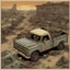 Placeholder: pickup truck, birds eye view, top view, illustration, aged, comic book, post-apocalyspe,