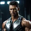 Placeholder: muscular sweat, movie still, attractive perfect face, supermodel body, movie still of a villain cyborg
