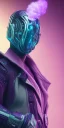 Placeholder: purple galaxy masked super villain, weapons in hands, teal and purple smoke, full portrait, hyper realistic, 4k