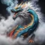 Placeholder: a sturdy colorful asian dragon with curly white fur, smokey breath and fire, claws, spikes along back, a long tail, moving forward out of the smoke and mist