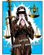 Placeholder: Comic book style illustration, line art of lady justice with scales and sword, with a stranger's hands (((covering her mouth))). Blindfolded, and with the Text "LA JUSTICIA CIEGA Y MUDA"