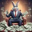 Placeholder: rich pig in suit on a throne making stacks of money by making a deal with a buisnessman. bugs bunny making sick beats in a background as he is known musician