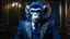 Placeholder: blue monkey monster man with ram horns and long bottom teeth in Victorian suit, in haunted room, night, 8k, high quality, trending art, trending on artstation, sharp focus, studio photo, intricate details, highly detailed, by tim burton