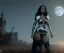 Placeholder: Rita ora, realism, knight armor, long curly black hair, choker, castle, moonlight