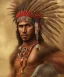 Placeholder: Guaicaipuro, native american god, 30 years old, Muscular warrior, red feathers headdress, shirtless, angry look