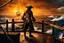 Placeholder: Pirate wearing eyepatch stands defiantly on a creaking wooden pirate ship deck, ocean horizon stretching behind, tattered sails billowing in the brisk sea wind, sunset casting an amber glow over the scene, high contrast, sharp textures, dramatic lighting, digital painting, crepystunning, cinematic