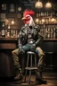 Placeholder: photo of a rooster dressed Diesel punk outfit sitting at a table in a bar with a bar stools, bottle beer, award winning photography, Elke vogelsang, bosozoku outfit